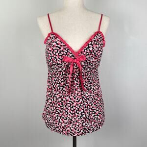 Vintage y2k Heart Print Babydoll Bow Cami Tank Top Coquette Lingerie Black Pink